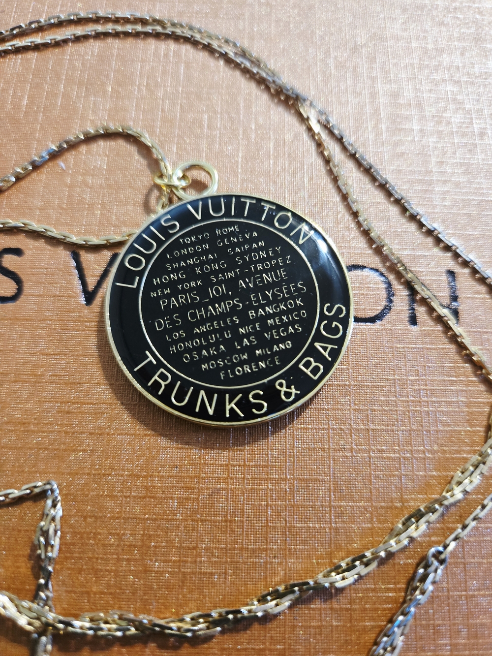 Louis Vuitton Recycled Black and Gold Logo Disc Pendant Necklace - Picture 2 of 5